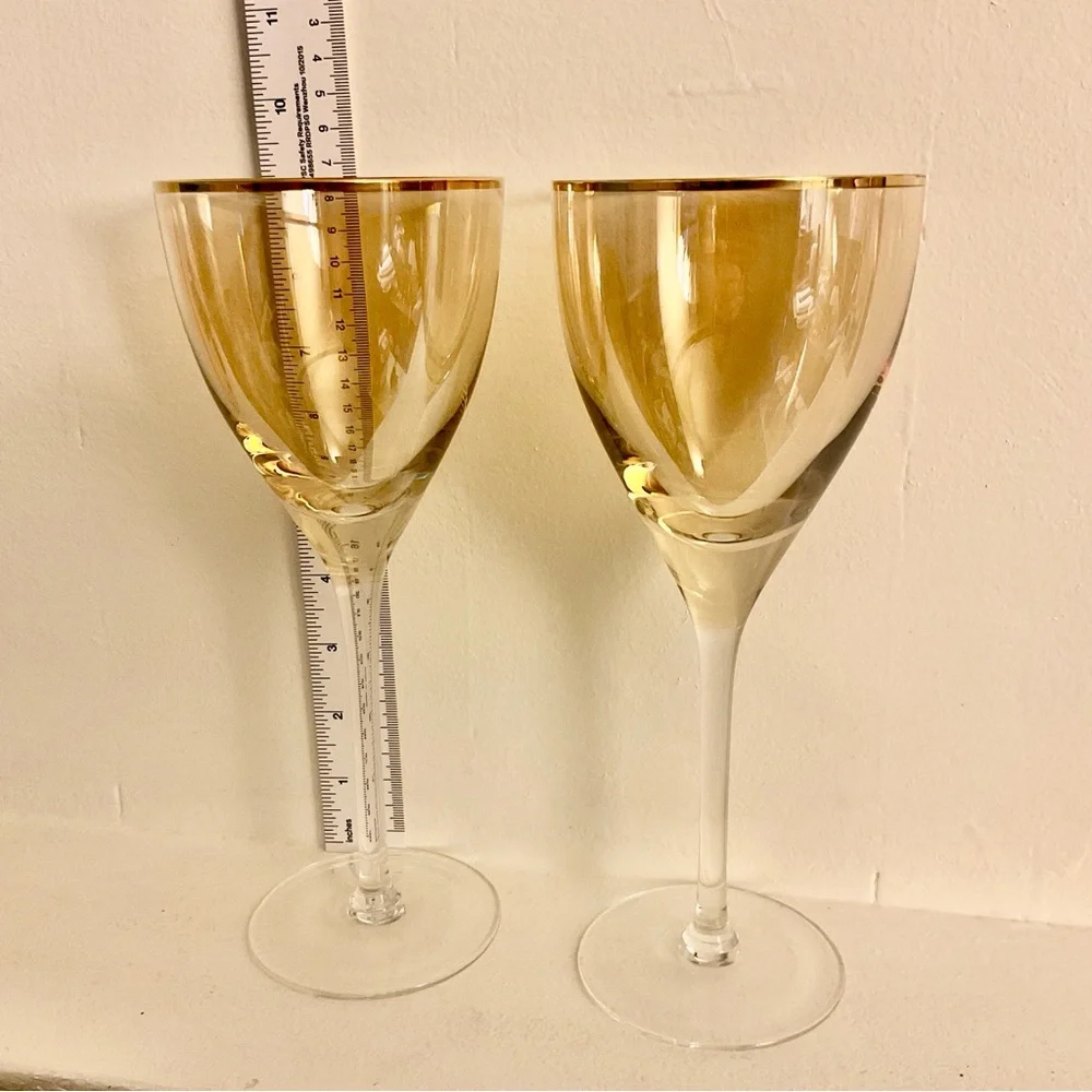 Anthropologie Gold Rim Iridescent Amber Wine Glasses 9.25” Set of 2 - Picture 6 of 6